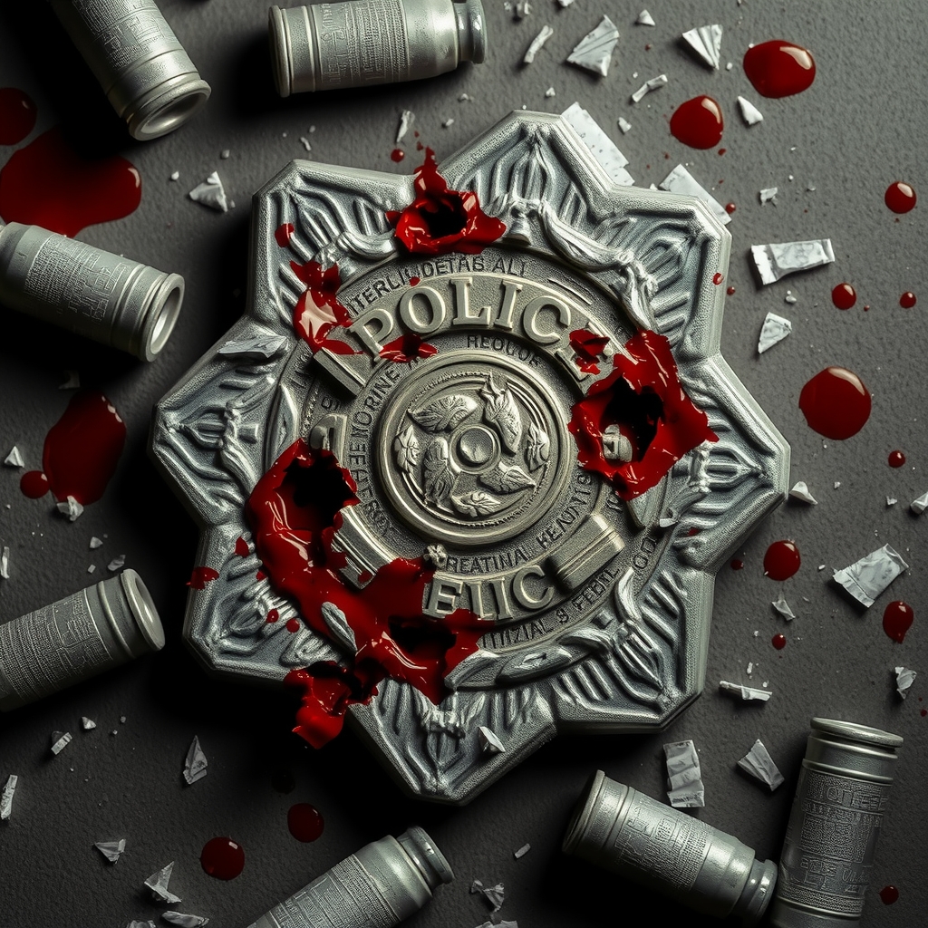 broken gray police badge surrounded by blood and bullet holes by Générateur d'images par IA gratuit - Aucune connexion nécessaire✨ | AIGAZOU