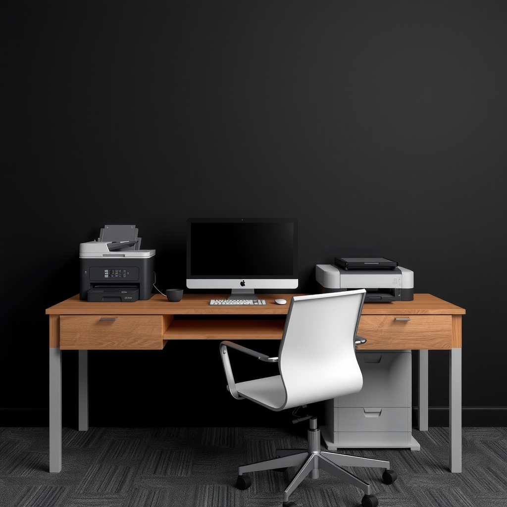 black background office table and chair computer printer and scanner by Générateur d'images par IA gratuit - Aucune connexion nécessaire✨ | AIGAZOU