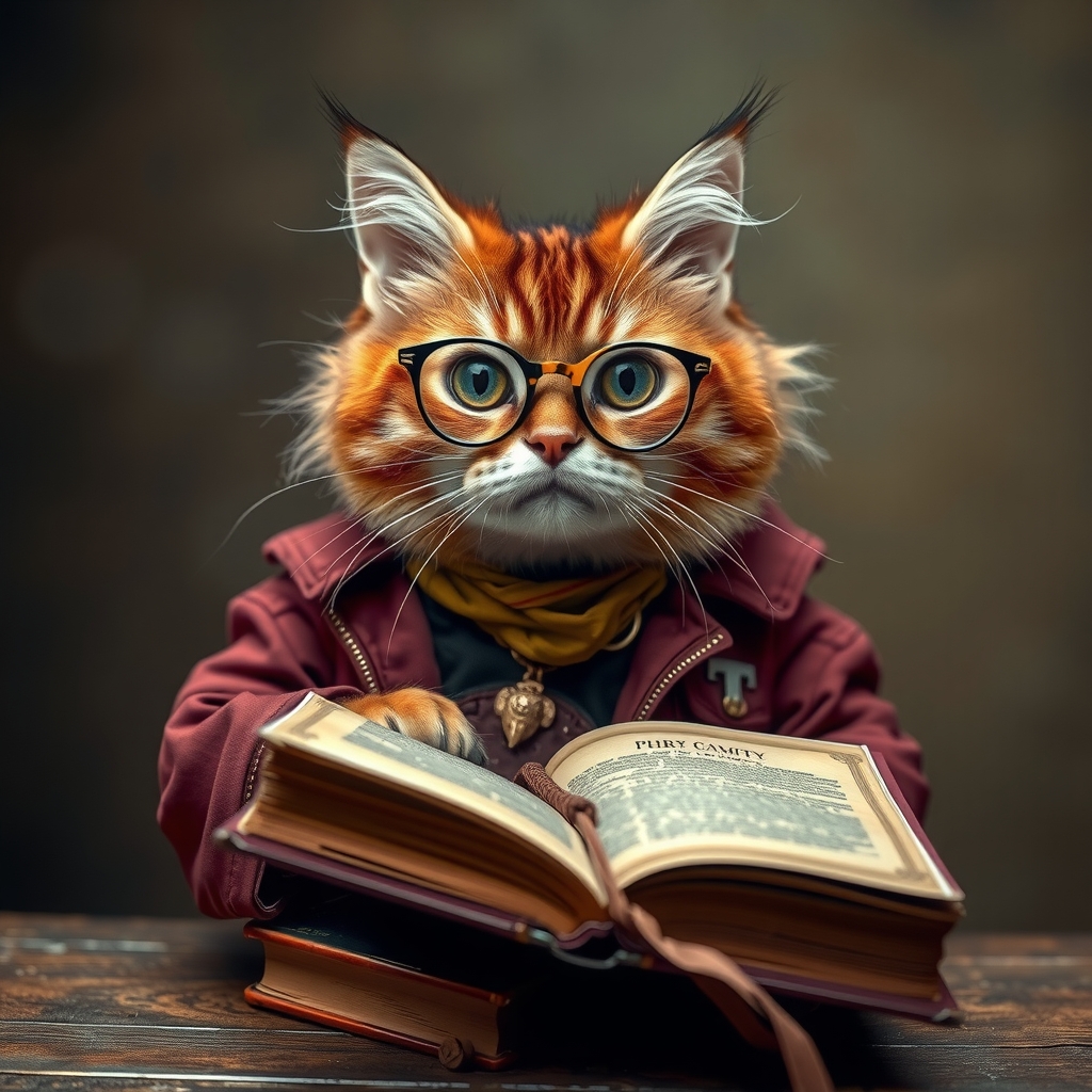 a cat in rocker outfit with glasses and an ancient book by मुफ्त एआई छवि जनरेटर - बिना लॉगिन के✨ | AIGAZOU