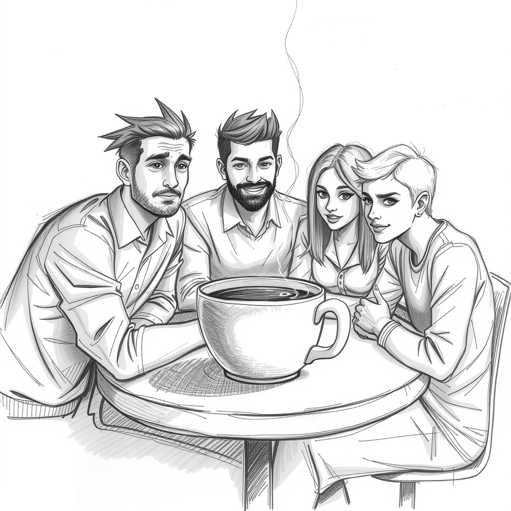 20 minute break for a team of 5 with steaming coffee cup surreal pencil sketch by मुफ्त एआई छवि जनरेटर - बिना लॉगिन के✨ | AIGAZOU