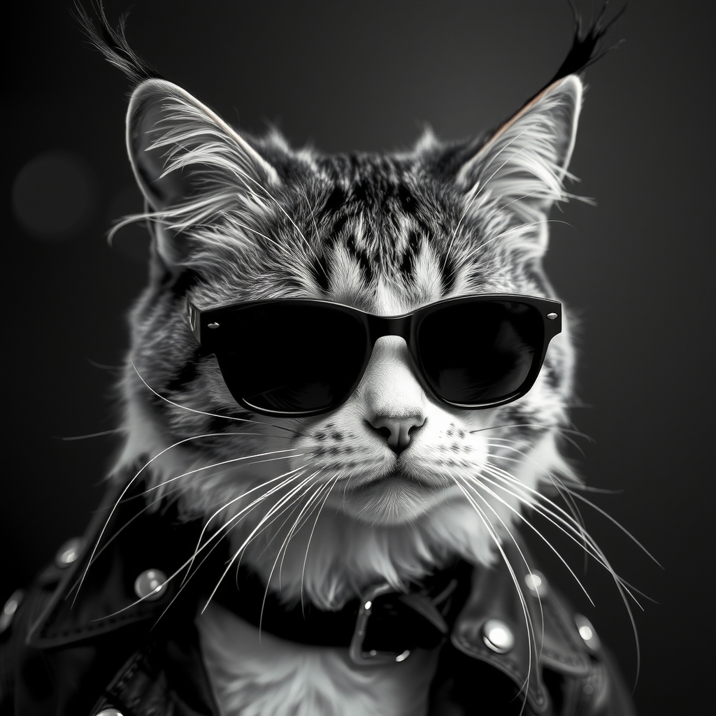 rocker cat black white sunglasses by मुफ्त एआई छवि जनरेटर - बिना लॉगिन के✨ | AIGAZOU