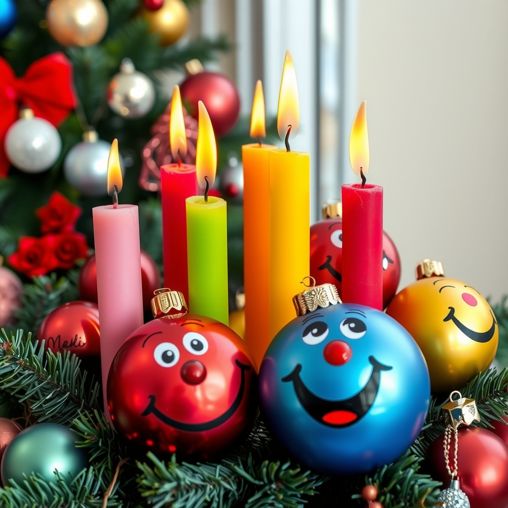 a christmas wreath with smiling colored candles and laughing colored christmas balls by Générateur d'images par IA gratuit - Aucune connexion nécessaire✨ | AIGAZOU