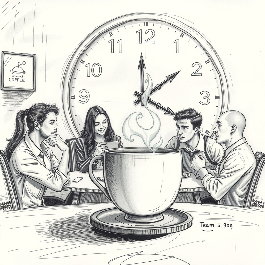 20 minute break for team of six with steaming coffee mug and large clock in background surreal pencil sketch by मुफ्त एआई छवि जनरेटर - बिना लॉगिन के✨ | AIGAZOU