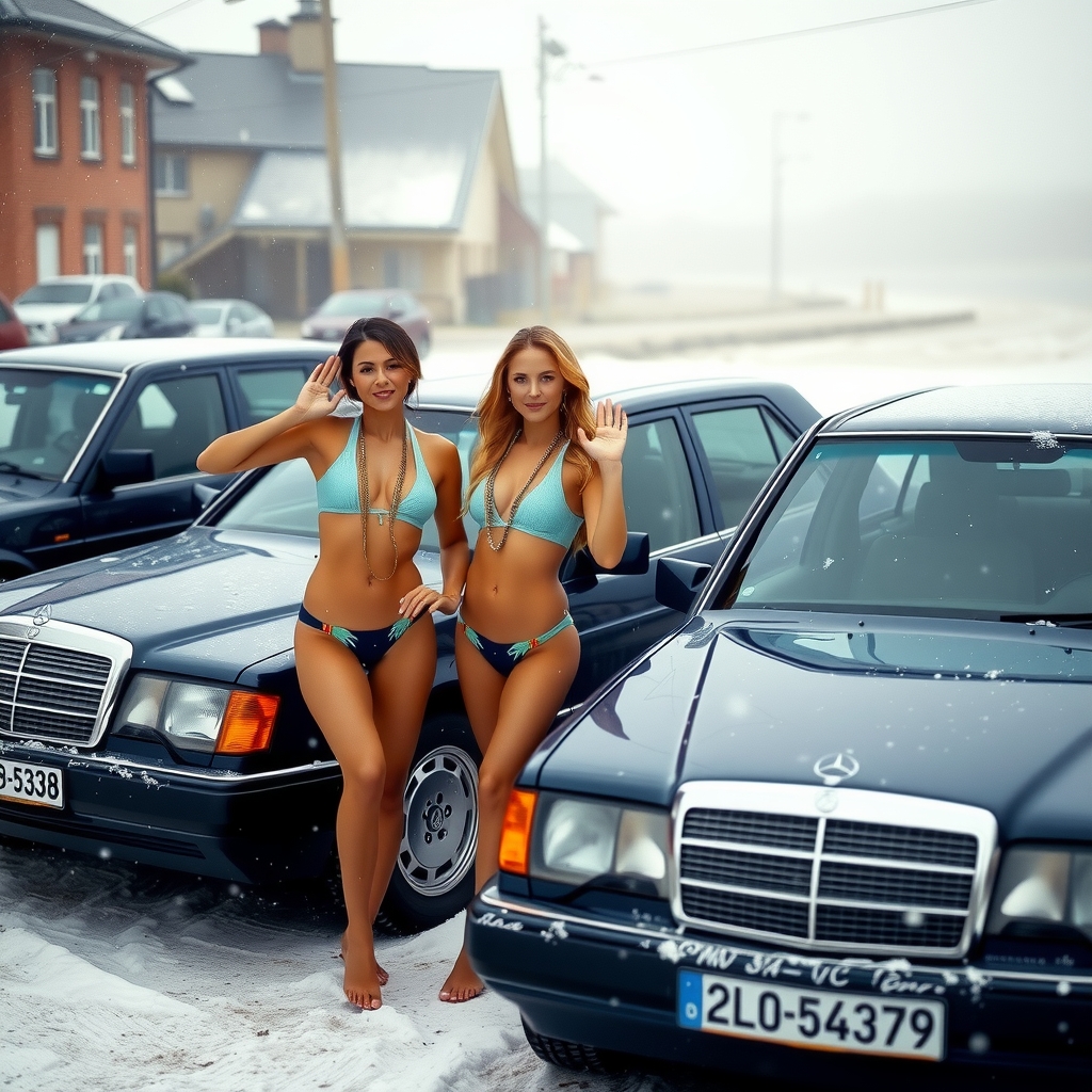 a row of deep blue mercedes w124 230e parked in sweden during a snowstorm with two hot volleyball players waving by मुफ्त एआई छवि जनरेटर - बिना लॉगिन के✨ | AIGAZOU