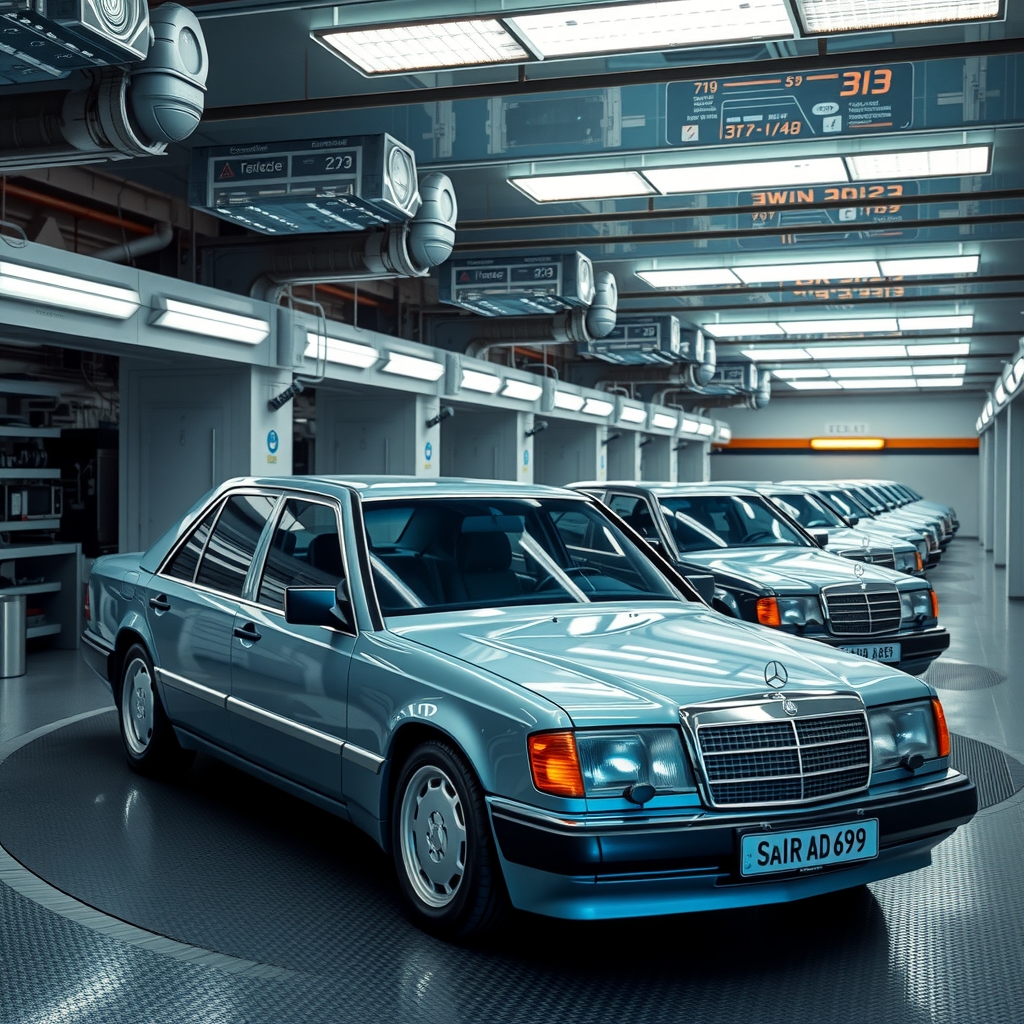 a series of diamond blue mercedes w124 230e in a secret futuristic high tech lab by मुफ्त एआई छवि जनरेटर - बिना लॉगिन के✨ | AIGAZOU