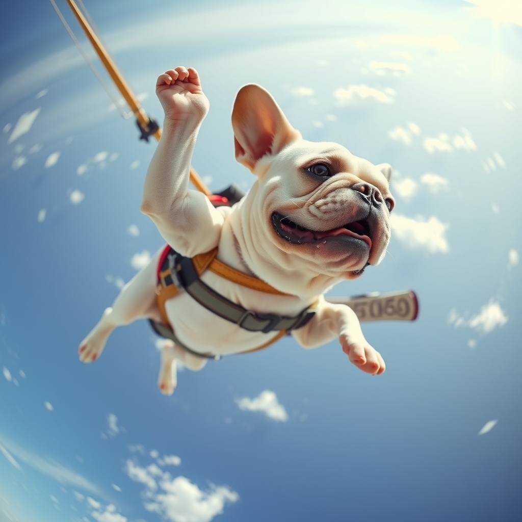 skydiving and descending from the sky white french bulldog by मुफ्त एआई छवि जनरेटर - बिना लॉगिन के✨ | AIGAZOU