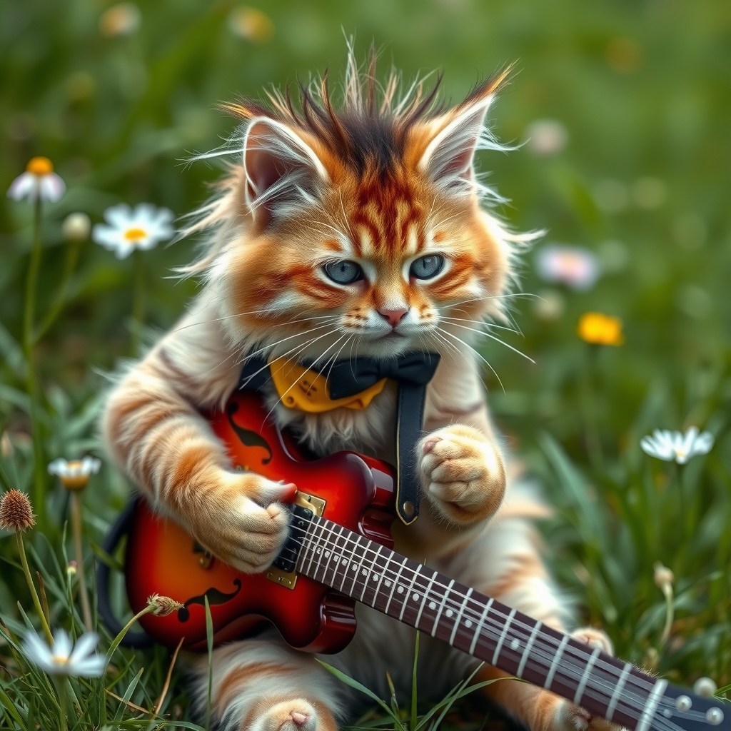 a punk cat with a punk haircut plays an instrument on a meadow by मुफ्त एआई छवि जनरेटर - बिना लॉगिन के✨ | AIGAZOU