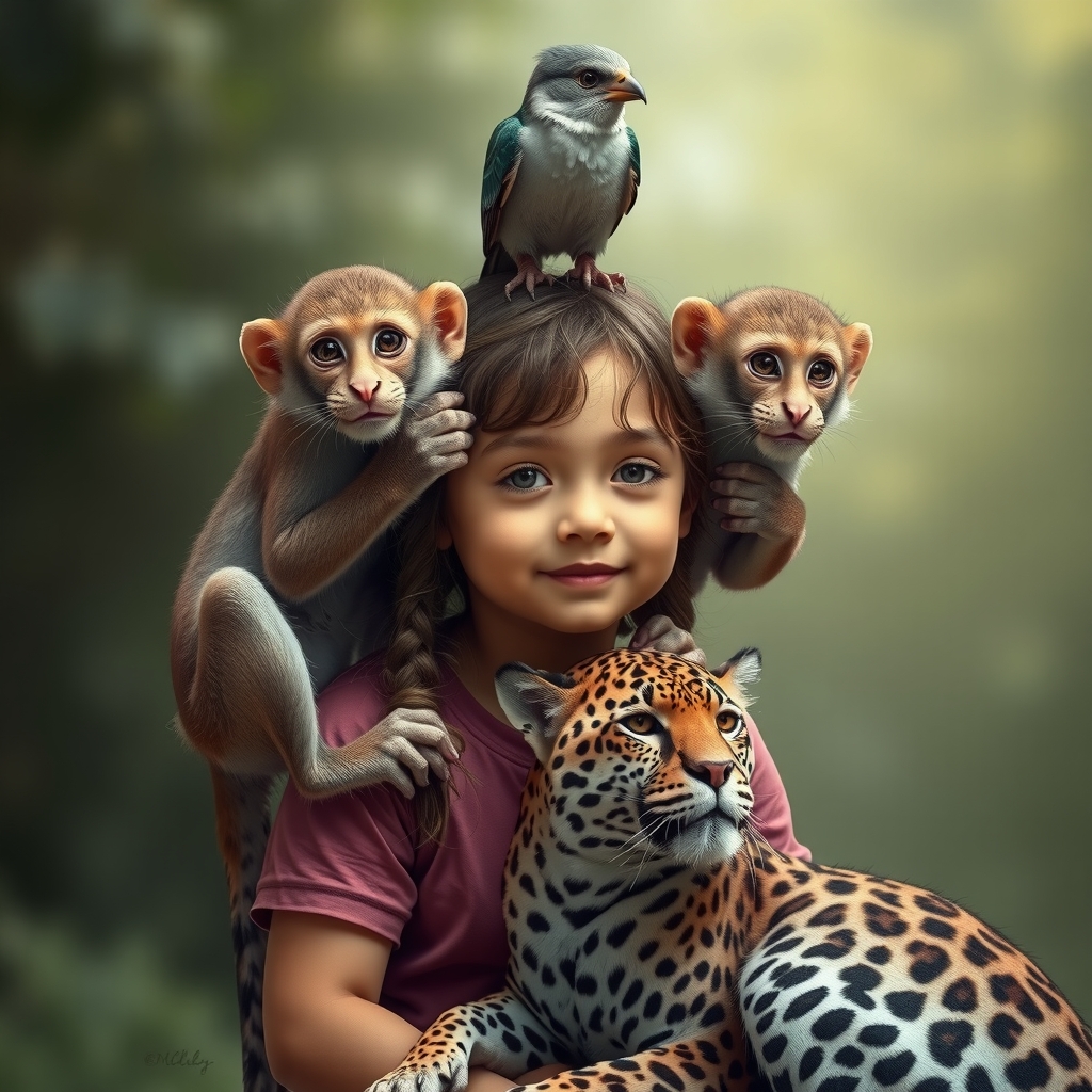 a girl with two monkeys on shoulders a bird on head and a leopard on lap by मुफ्त एआई छवि जनरेटर - बिना लॉगिन के✨ | AIGAZOU