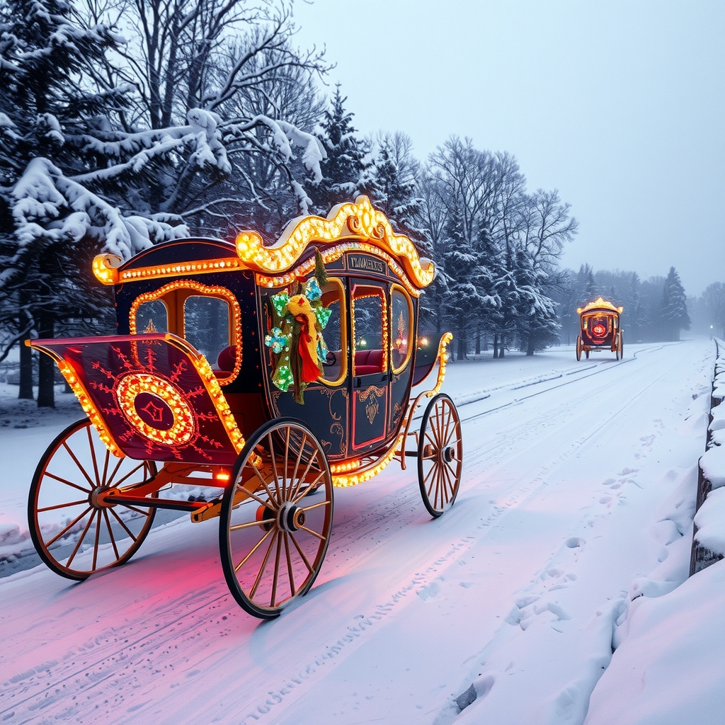 a sparkling colorful carriage rides through a snowy winter landscape by मुफ्त एआई छवि जनरेटर - बिना लॉगिन के✨ | AIGAZOU