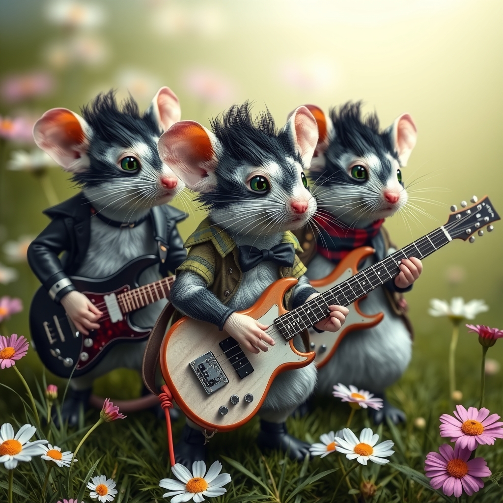 a band of black and white mice with green eyes in punk outfits and hairstyles playing guitar on a flower by मुफ्त एआई छवि जनरेटर - बिना लॉगिन के✨ | AIGAZOU