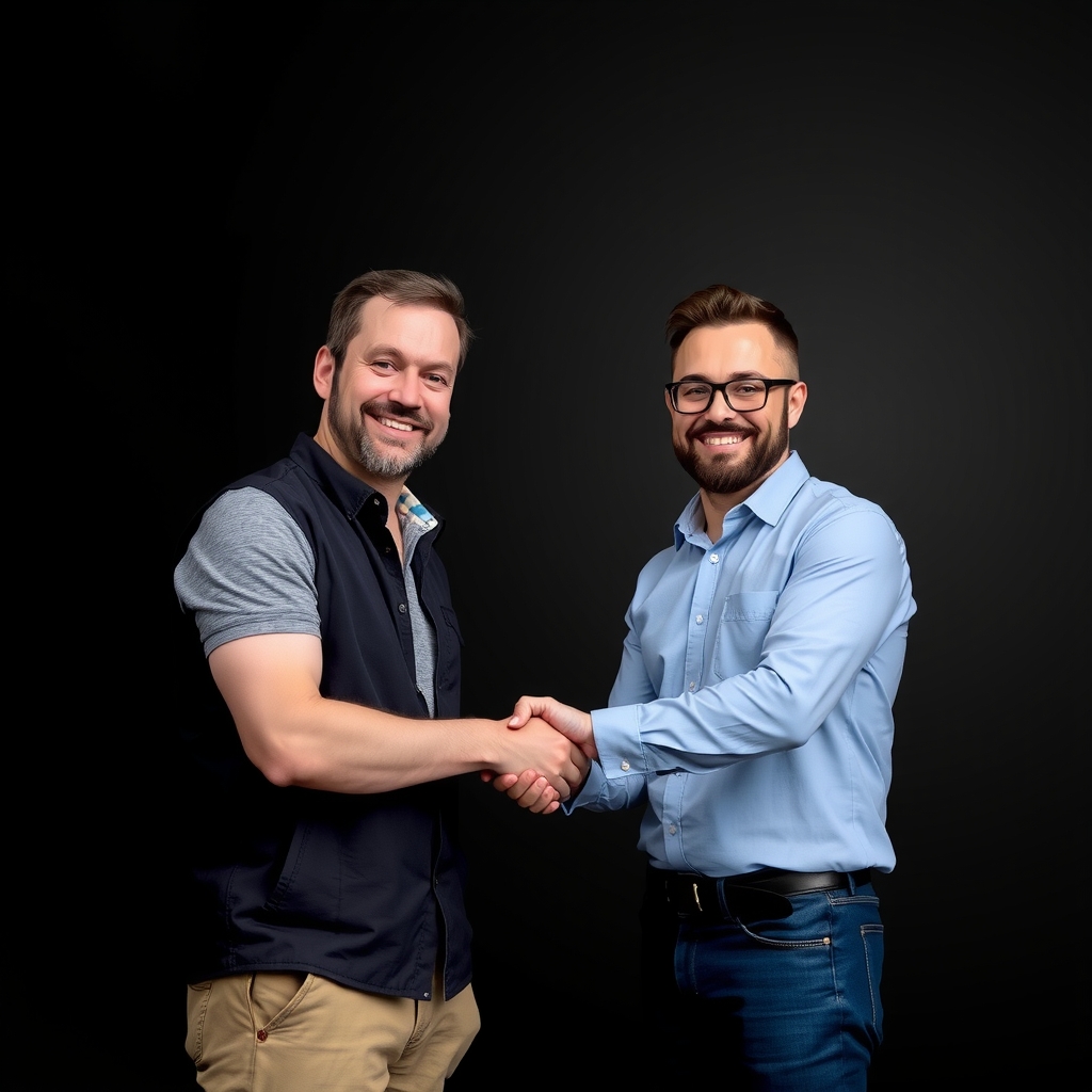 black background two men shaking hands behind warehouse by Générateur d'images par IA gratuit - Aucune connexion nécessaire✨ | AIGAZOU