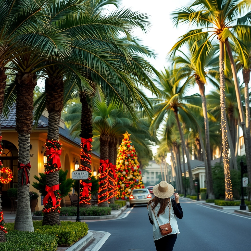 christmas in the south palm trees tropical walking woman by मुफ्त एआई छवि जनरेटर - बिना लॉगिन के✨ | AIGAZOU