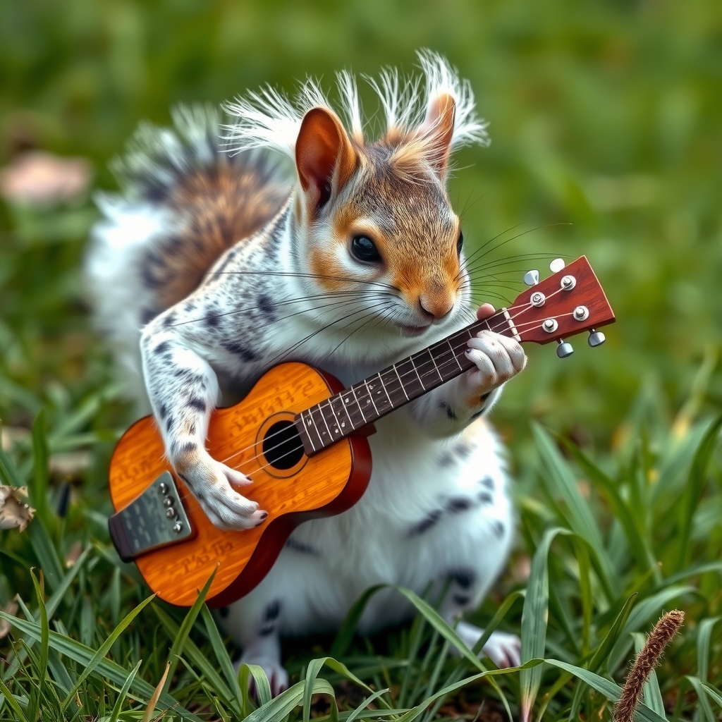 a white brown spotted squirrel with a punk haircut plays an instrument on a meadow by Générateur d'images par IA gratuit - Aucune connexion nécessaire✨ | AIGAZOU