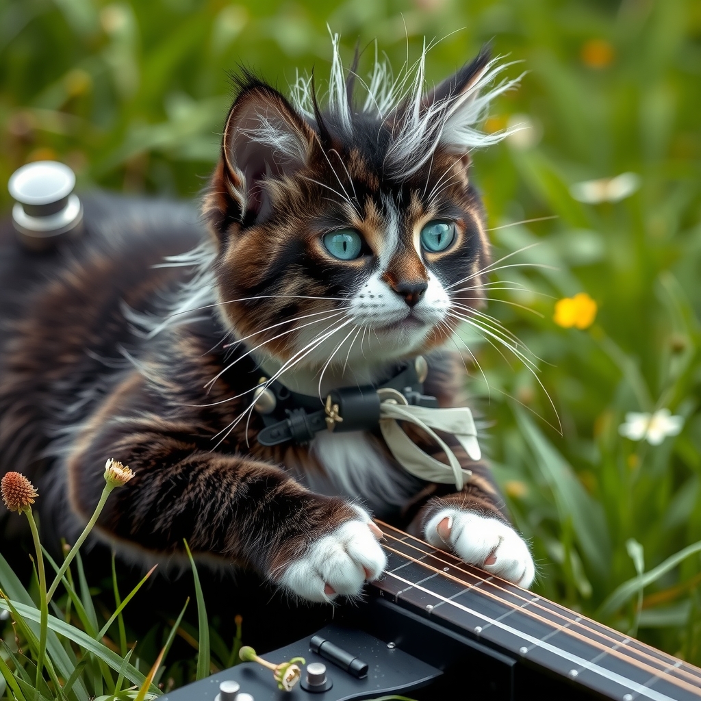 a black and white punk cat with a punk haircut plays an instrument on a meadow by मुफ्त एआई छवि जनरेटर - बिना लॉगिन के✨ | AIGAZOU