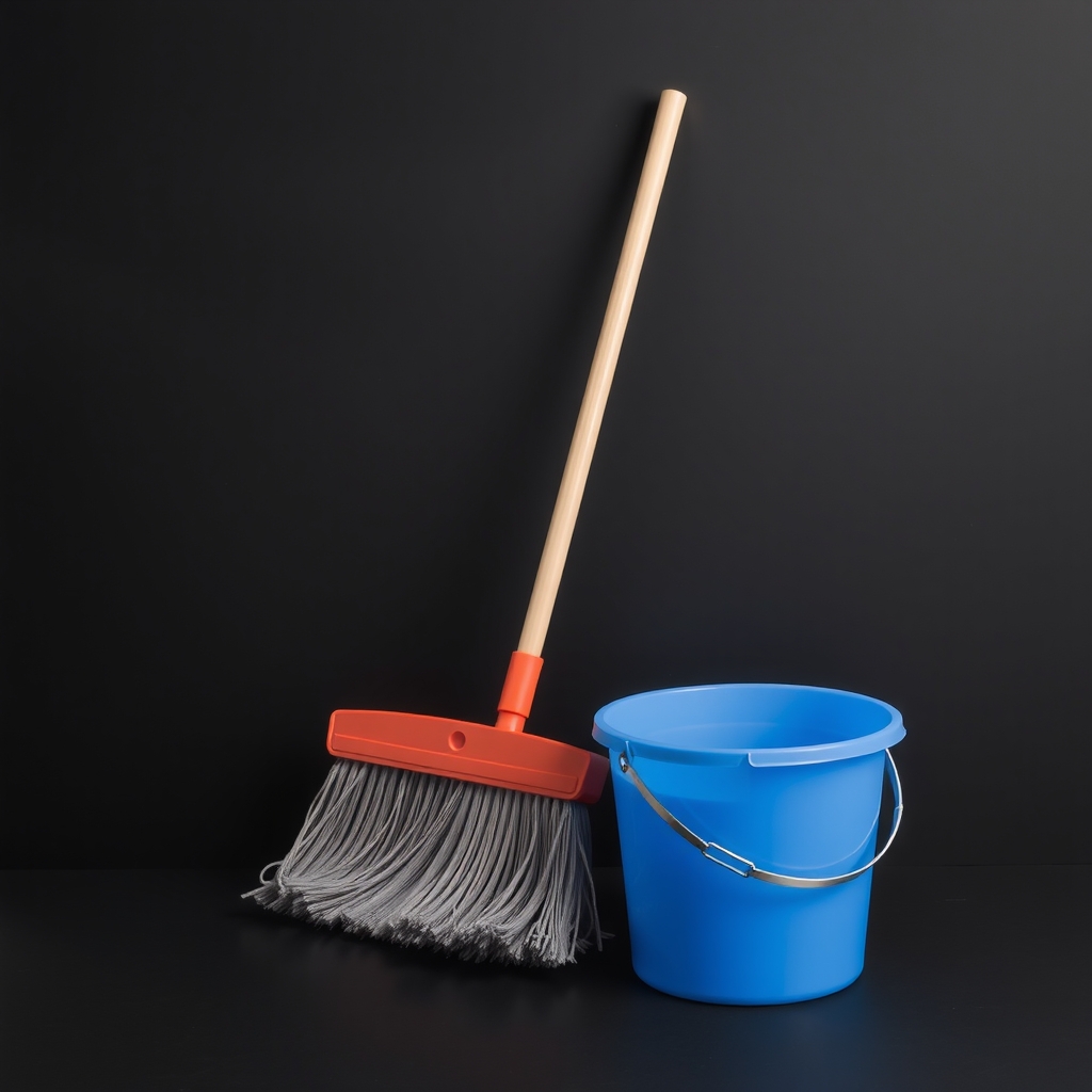 black background and broom floor mop bucket broom by मुफ्त एआई छवि जनरेटर - बिना लॉगिन के✨ | AIGAZOU