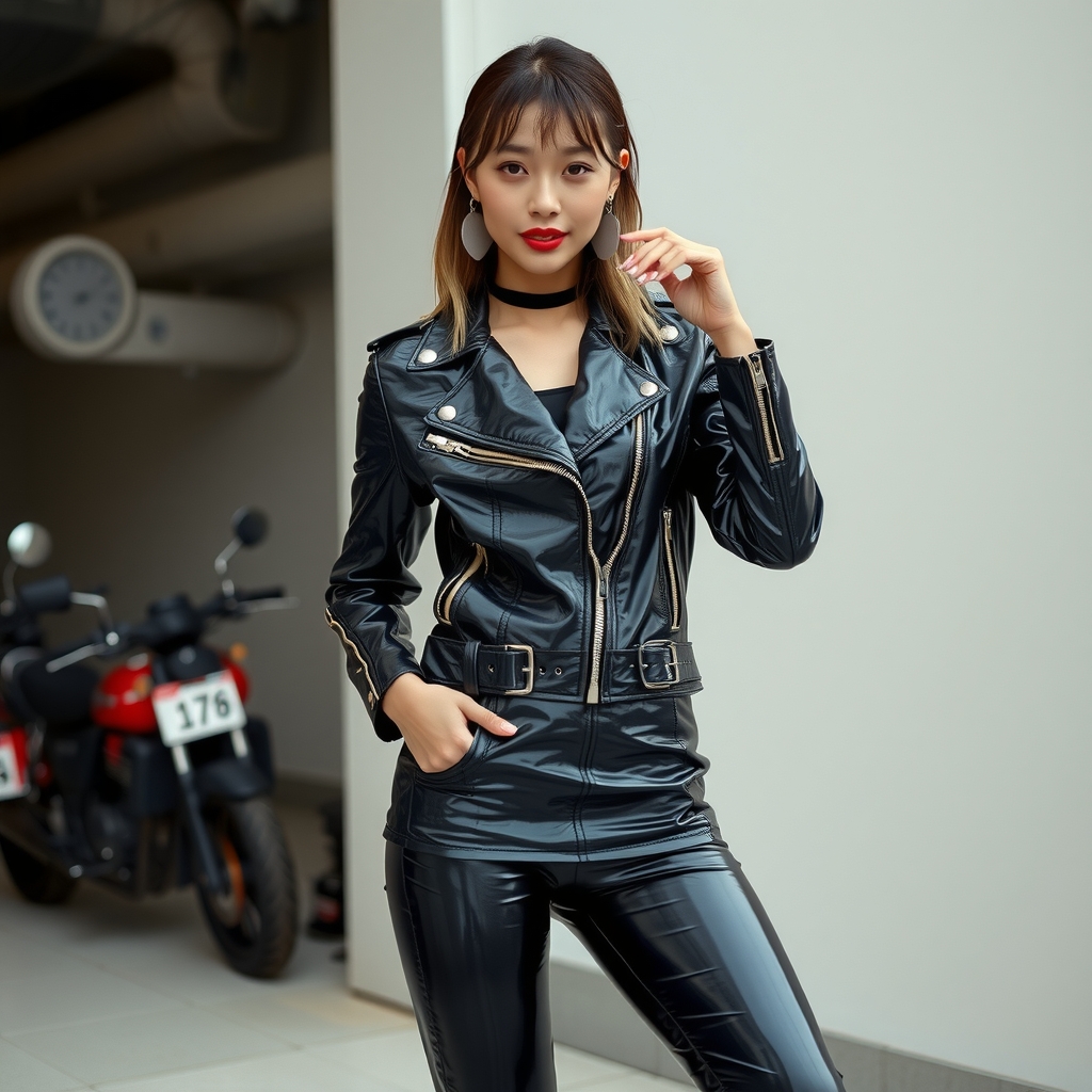 a sexy japanese woman wearing a leather jacket and pants by मुफ्त एआई छवि जनरेटर - बिना लॉगिन के✨ | AIGAZOU