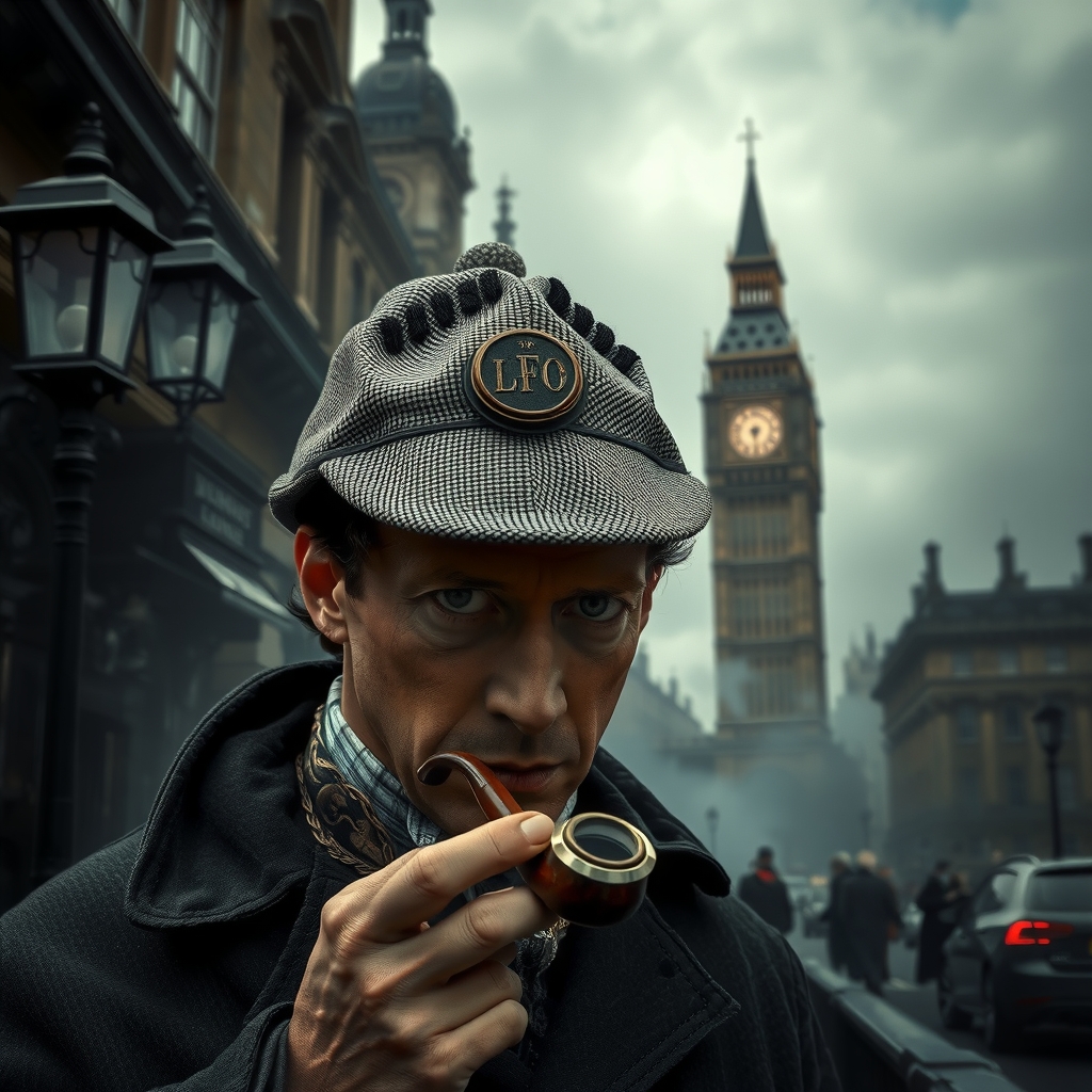 a victorian style dramatic composition with a mysterious and gloomy london atmosphere sherlock holmes with pipe magnifying glass and typical by Free AI Image Generator & Maker - No login required✨ | AIGAZOU