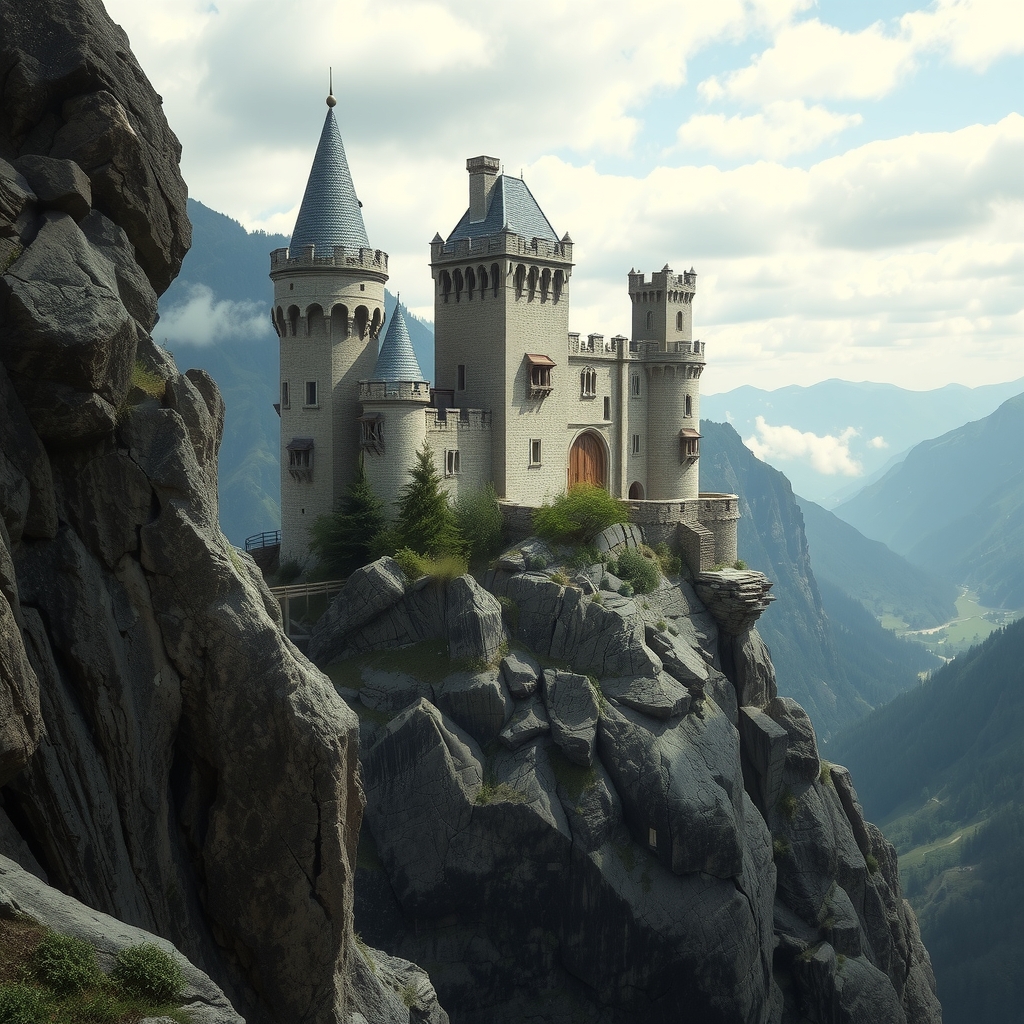 a mighty castle with towers stands on a cliff overlooking a valley by 免费AI图像生成工具 | AIGAZOU