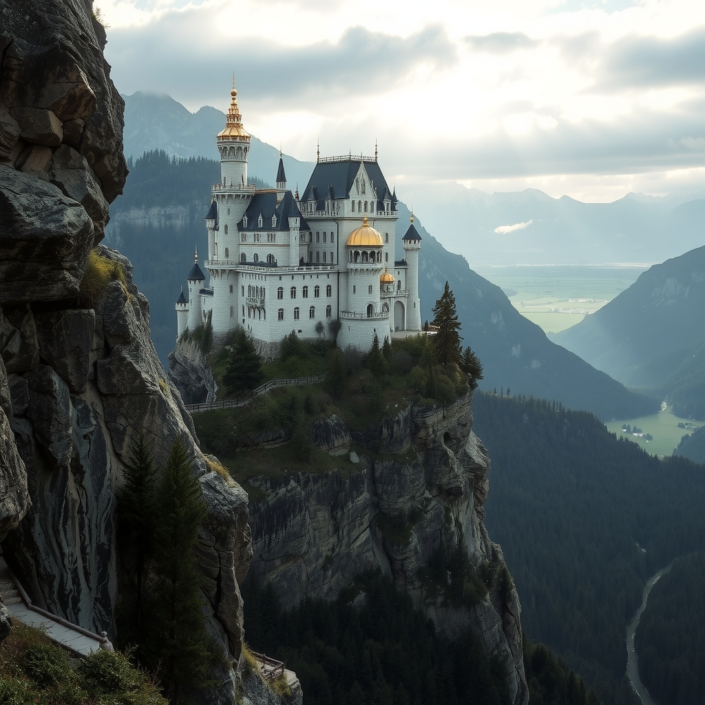 a castle with glittering towers stands on a cliff overlooking a valley by मुफ्त एआई छवि जनरेटर - बिना लॉगिन के✨ | AIGAZOU