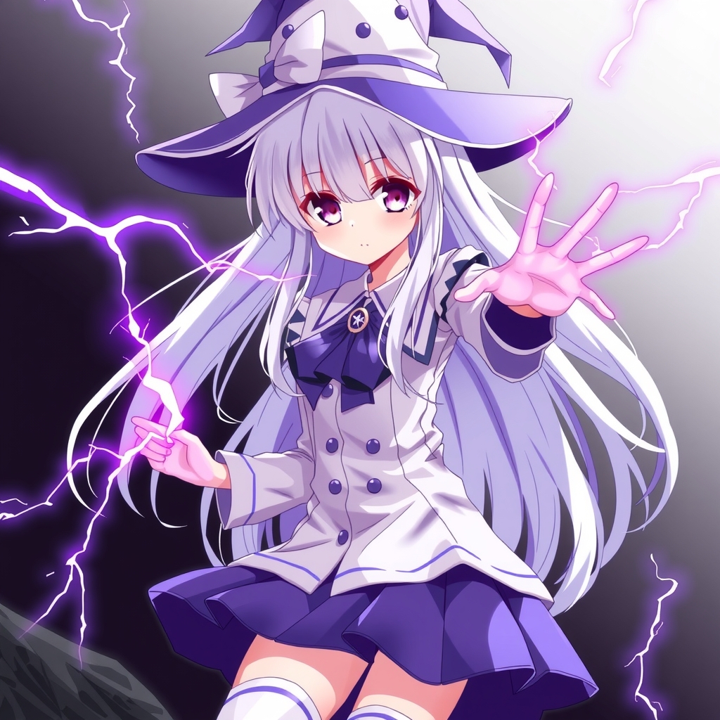 long white hair purple eyes purple lightning magic user anime style very cute female by Générateur d'images par IA gratuit - Aucune connexion nécessaire✨ | AIGAZOU