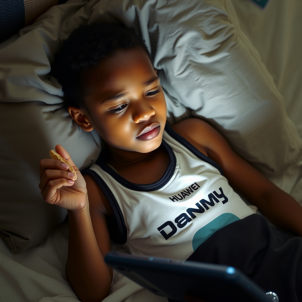 young boy light skin lying bed singlet danmuy peanuts huawei phone soft light face concentration relaxed peaceful atmosphere absorbed phone by मुफ्त एआई छवि जनरेटर - बिना लॉगिन के✨ | AIGAZOU