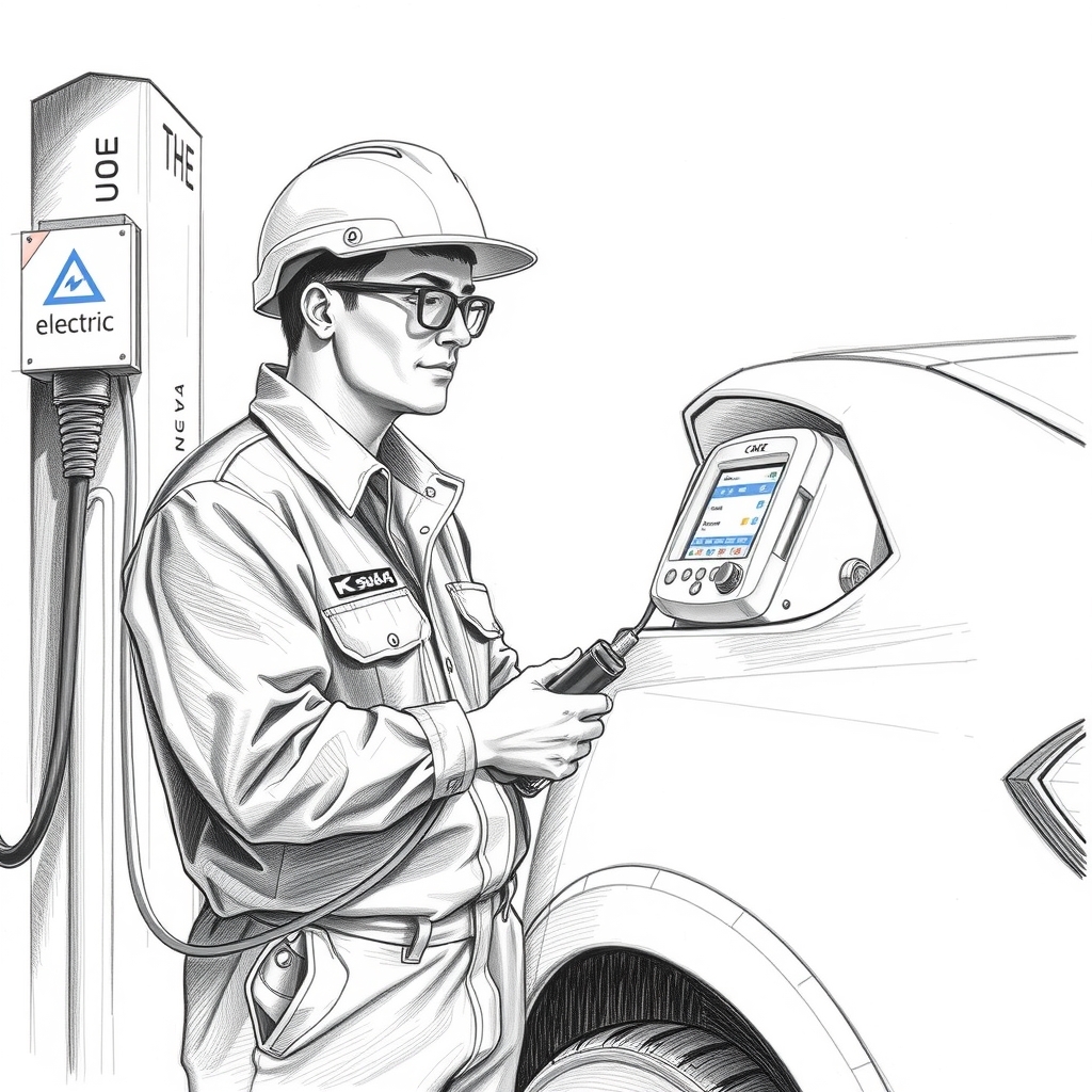 electric charging station technician taking break by Générateur d'images par IA gratuit - Aucune connexion nécessaire✨ | AIGAZOU