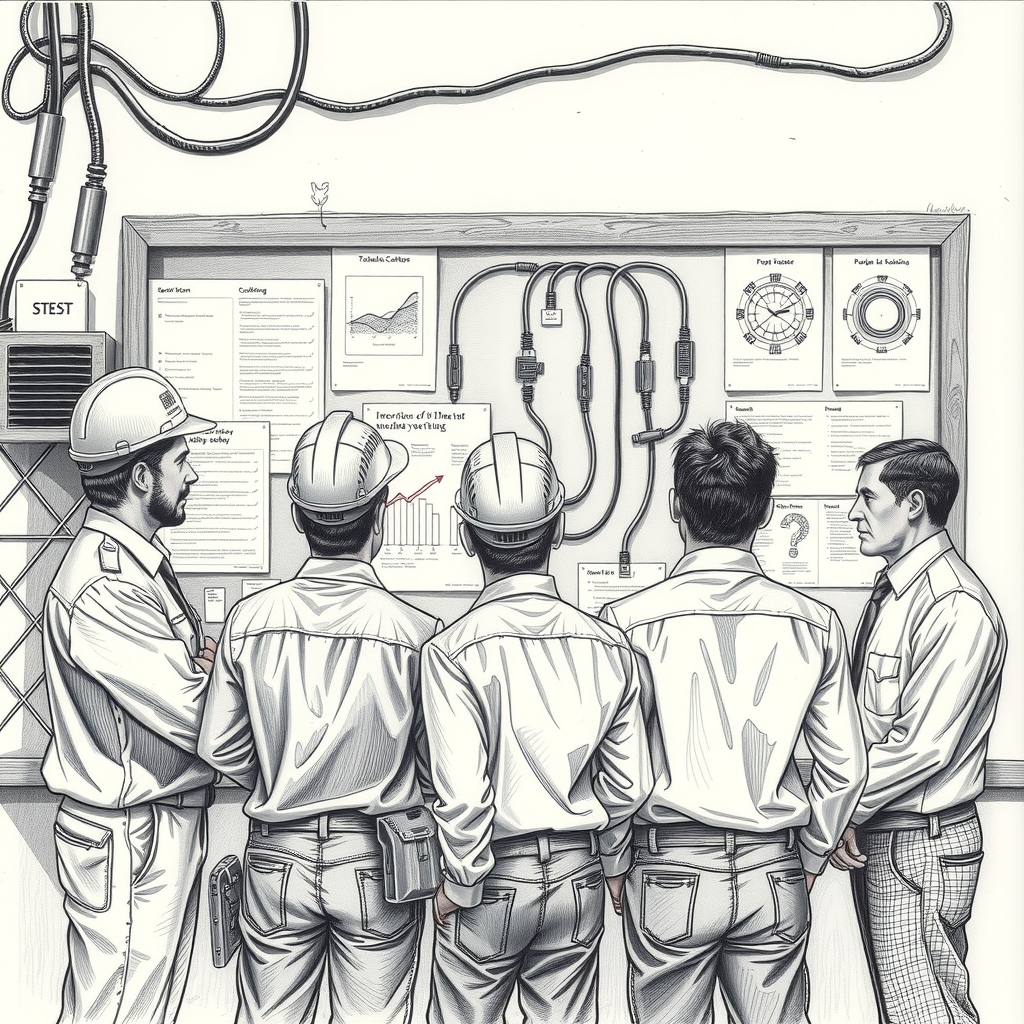 5 engineers in front of pinboard with electrical installation asking questions as surreal pencil sketch by मुफ्त एआई छवि जनरेटर - बिना लॉगिन के✨ | AIGAZOU