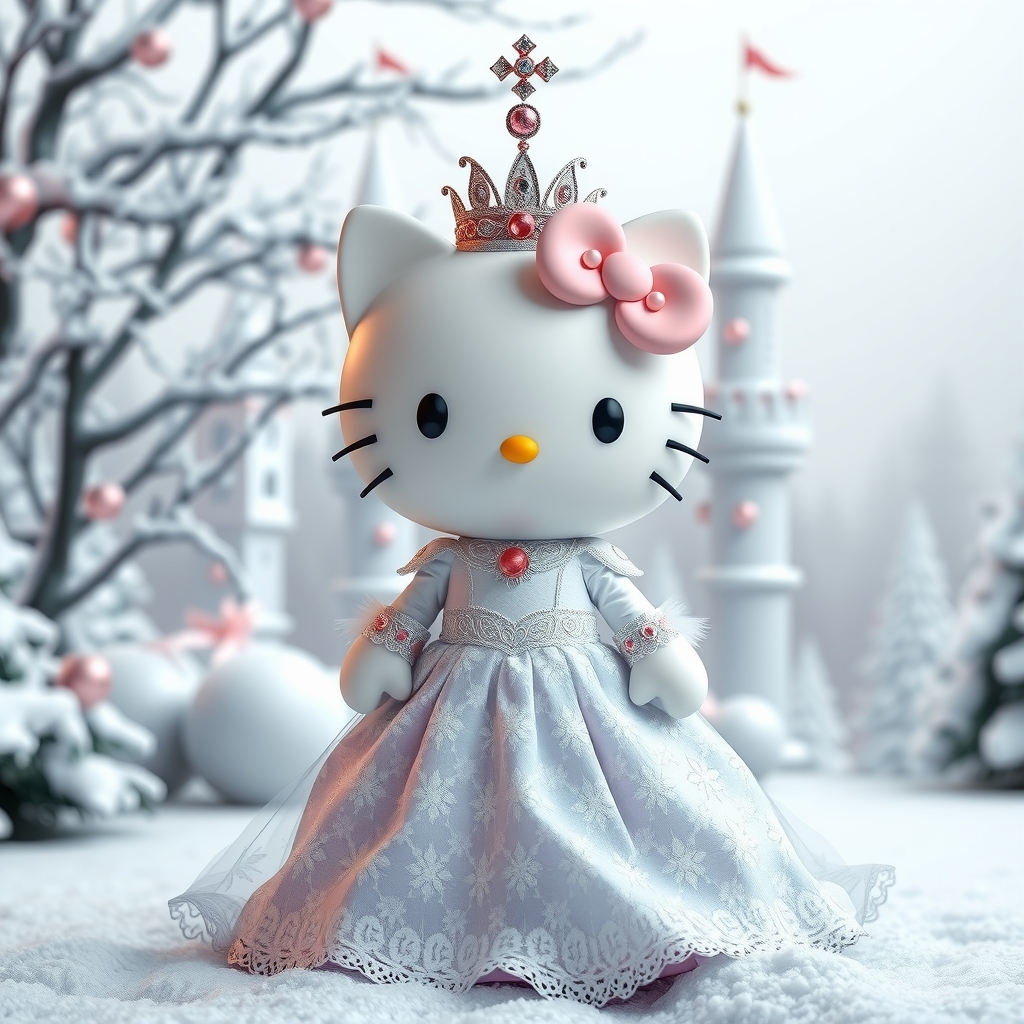 hello kitty 3d princess tiara white long dress lace ice castle cute realistic luxurious snow by मुफ्त एआई छवि जनरेटर - बिना लॉगिन के✨ | AIGAZOU