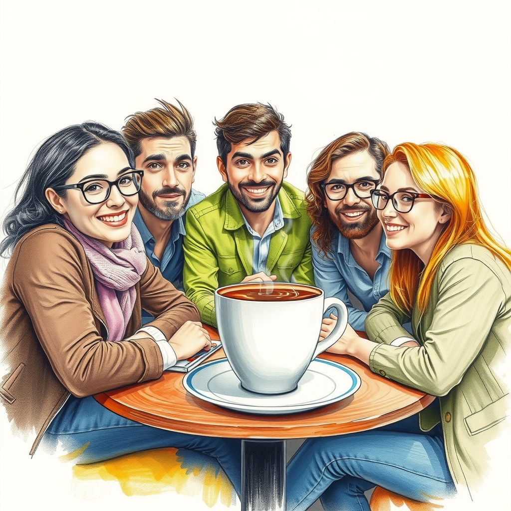 20 minute break for a team of 5 with steaming coffee mug surreal colored pencil sketch by मुफ्त एआई छवि जनरेटर - बिना लॉगिन के✨ | AIGAZOU