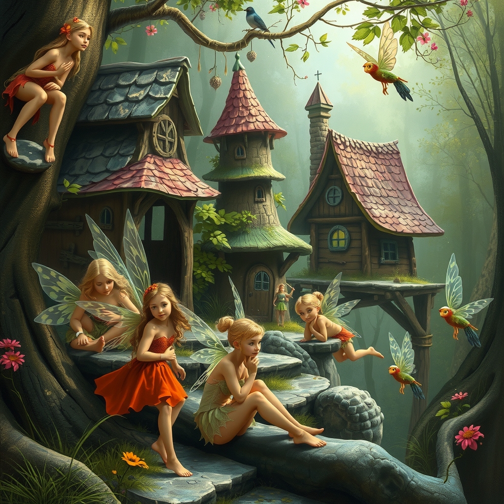 a detailed fantasy scene with multiple fairies in a fairy village watched by a witch by मुफ्त एआई छवि जनरेटर - बिना लॉगिन के✨ | AIGAZOU