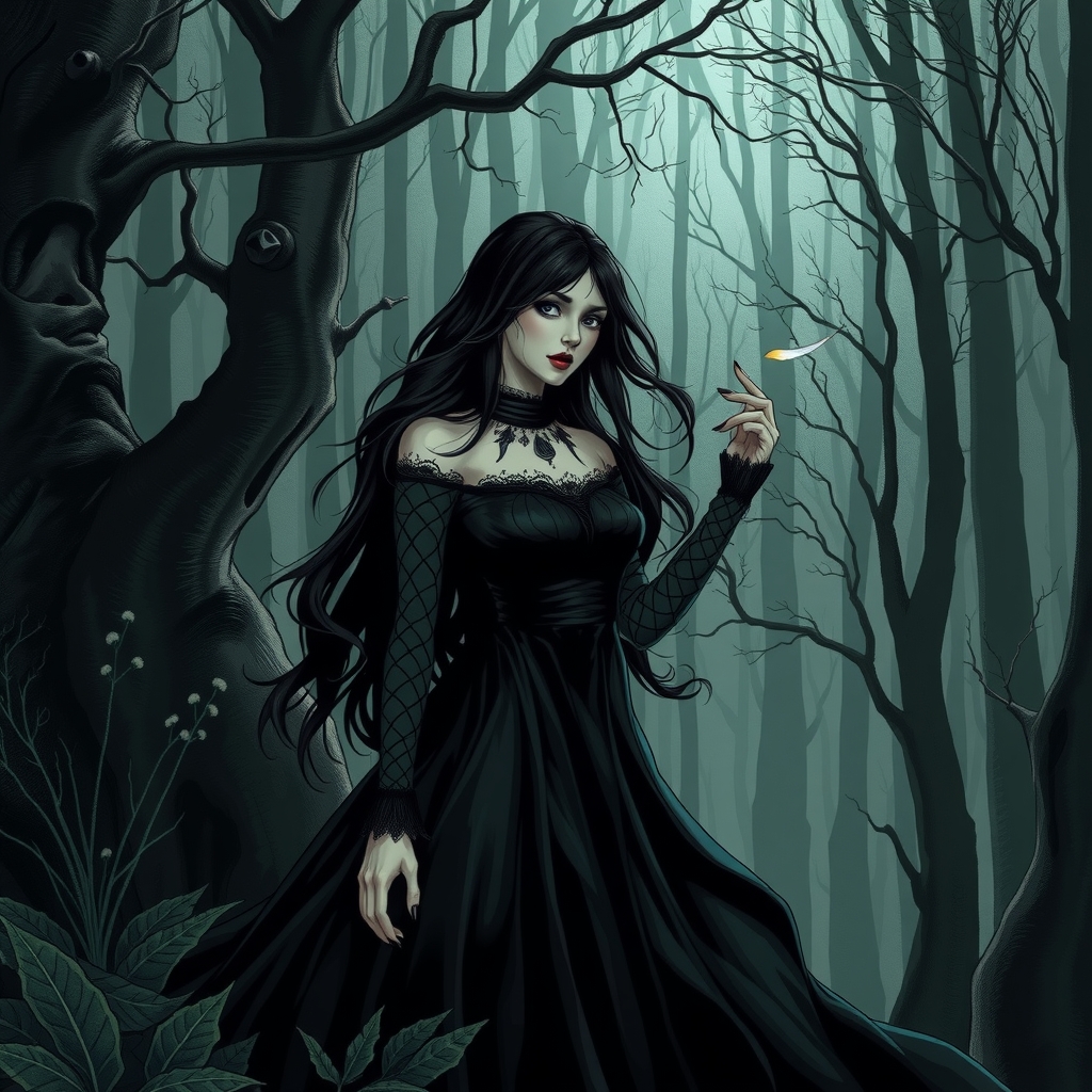 dark forest gothic woman illustration by मुफ्त एआई छवि जनरेटर - बिना लॉगिन के✨ | AIGAZOU