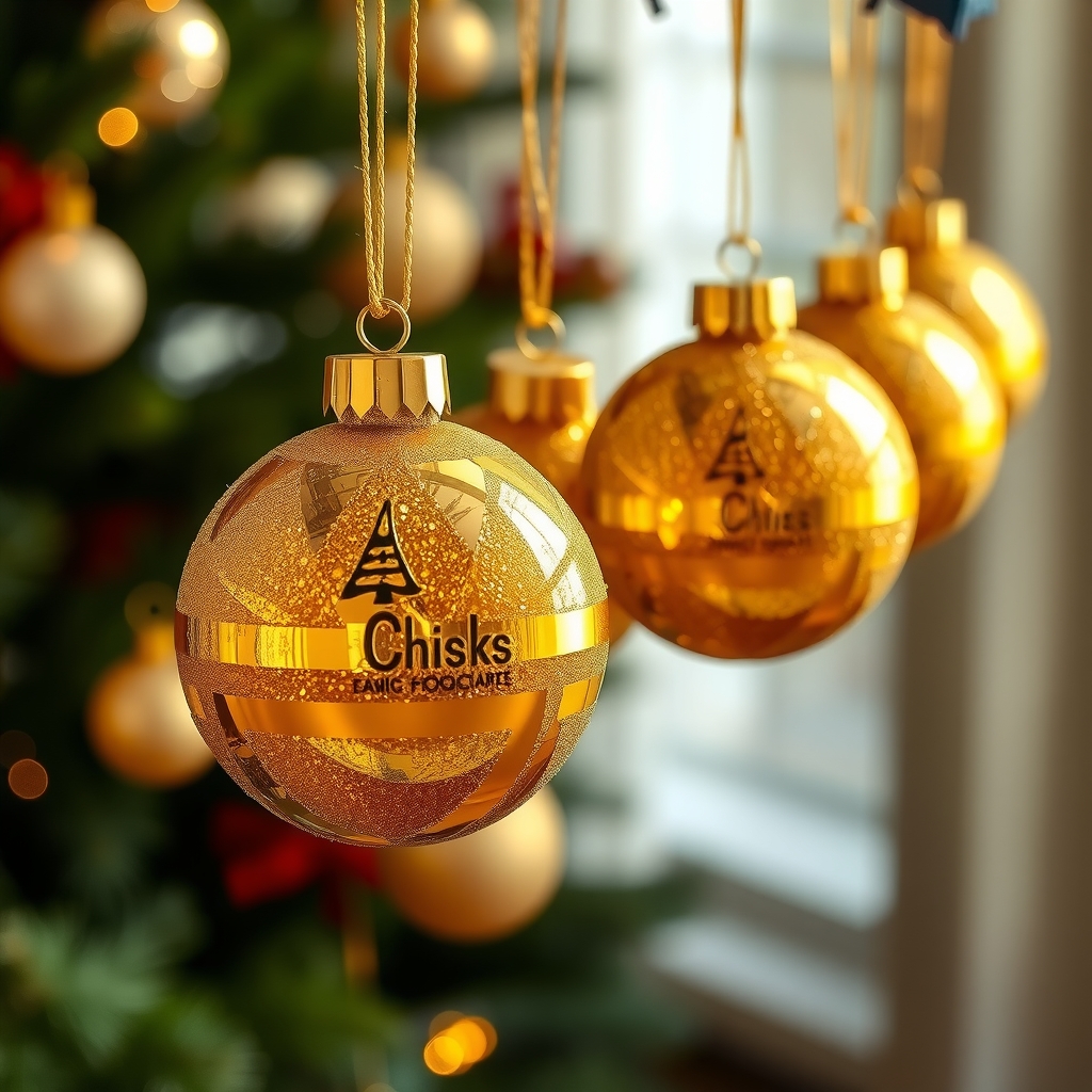 several golden christmas balls hang on a golden thread and glitter by मुफ्त एआई छवि जनरेटर - बिना लॉगिन के✨ | AIGAZOU