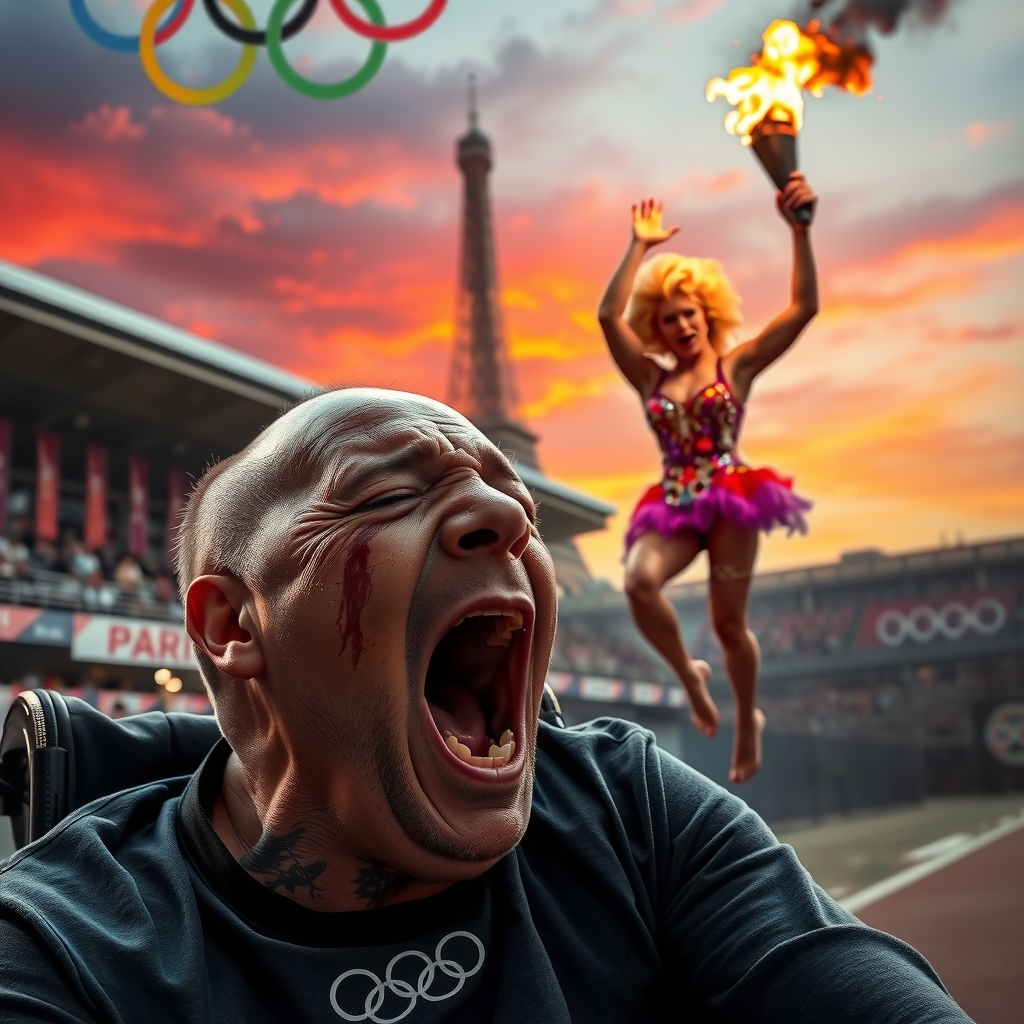 a screaming man with a broken face in a wheelchair at the paris 2024 olympics by मुफ्त एआई छवि जनरेटर - बिना लॉगिन के✨ | AIGAZOU