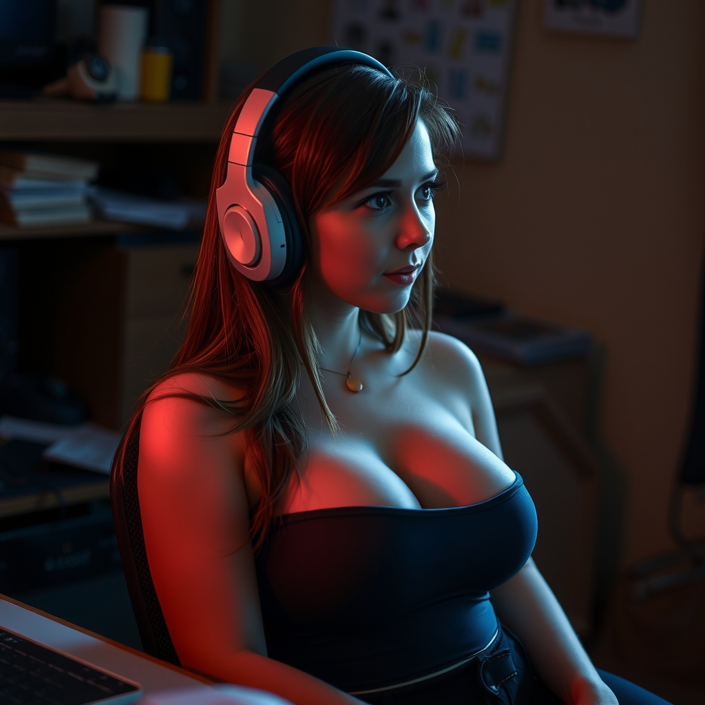 a girl with large breasts wearing headphones at midnight by मुफ्त एआई छवि जनरेटर - बिना लॉगिन के✨ | AIGAZOU