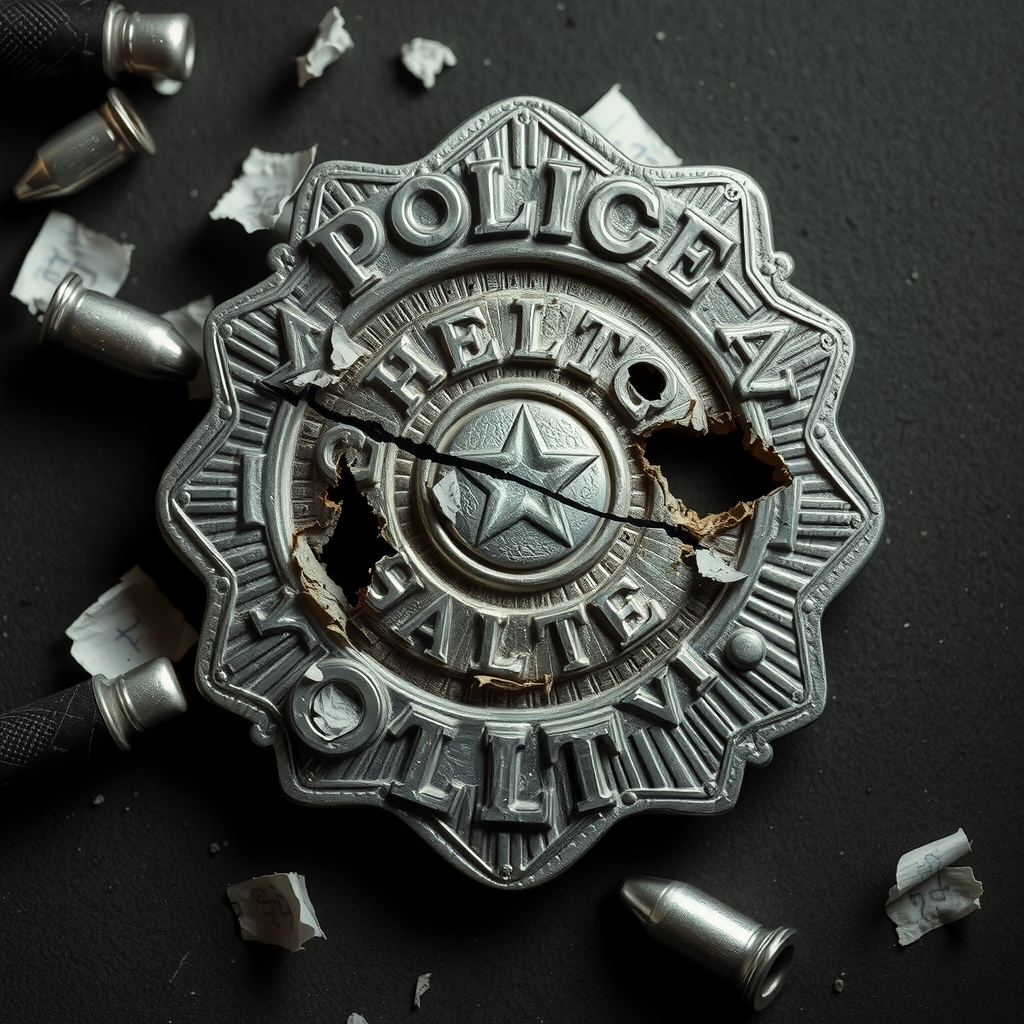 broken gray police badge surrounded by bullet holes by मुफ्त एआई छवि जनरेटर - बिना लॉगिन के✨ | AIGAZOU