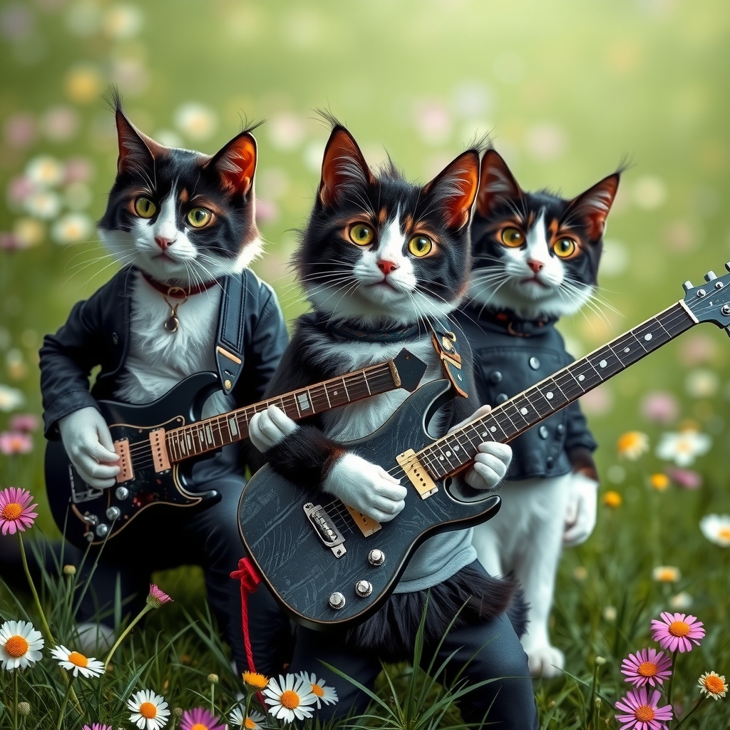 a band of black and white cats with green eyes in punk outfits and hairstyles playing guitar on a flower by मुफ्त एआई छवि जनरेटर - बिना लॉगिन के✨ | AIGAZOU