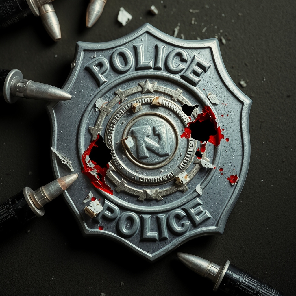 broken gray police badge with bullet holes by 免费AI图像生成工具 | AIGAZOU