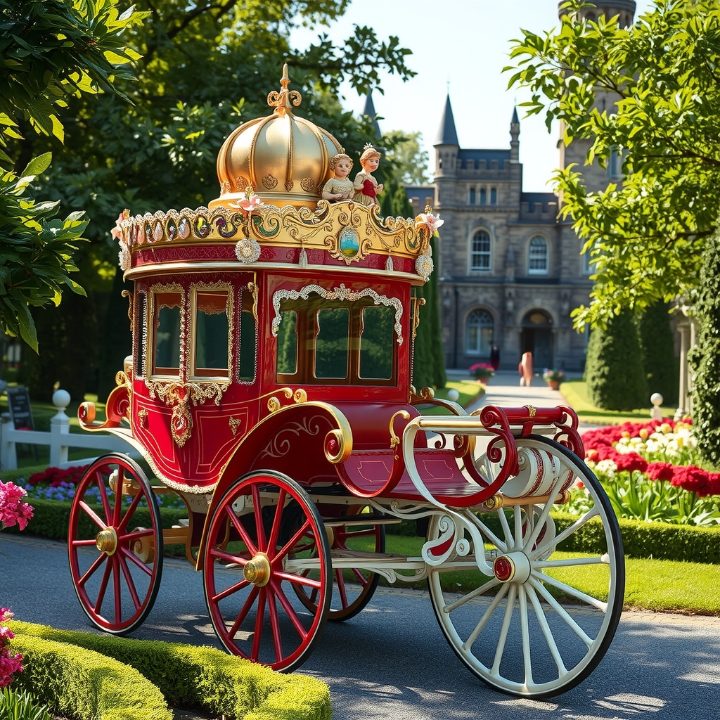 a sparkling colorful carriage rides through the summer castle garden by मुफ्त एआई छवि जनरेटर - बिना लॉगिन के✨ | AIGAZOU