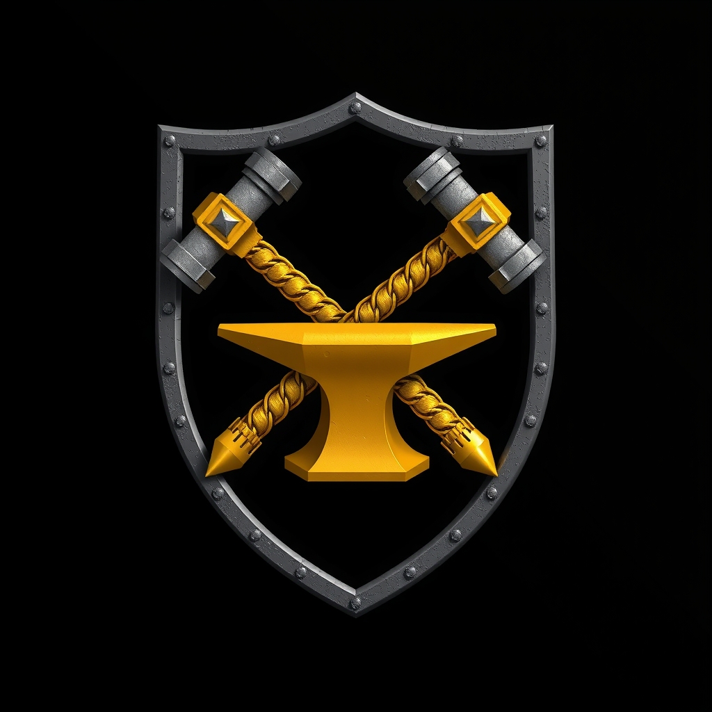 heraldic coat of arms fantasy dwarves crossed hammers golden anvil black shield by मुफ्त एआई छवि जनरेटर - बिना लॉगिन के✨ | AIGAZOU