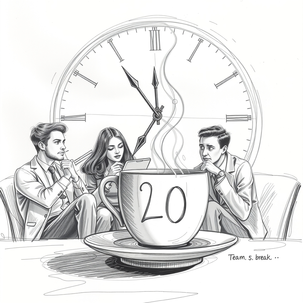 20 minute break for team of 5 with steaming coffee mug and large clock in background surreal pencil sketch by मुफ्त एआई छवि जनरेटर - बिना लॉगिन के✨ | AIGAZOU