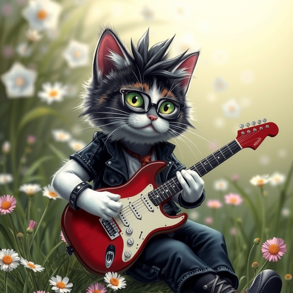 a black and white cat with green eyes in punk outfit playing guitar on a meadow by मुफ्त एआई छवि जनरेटर - बिना लॉगिन के✨ | AIGAZOU