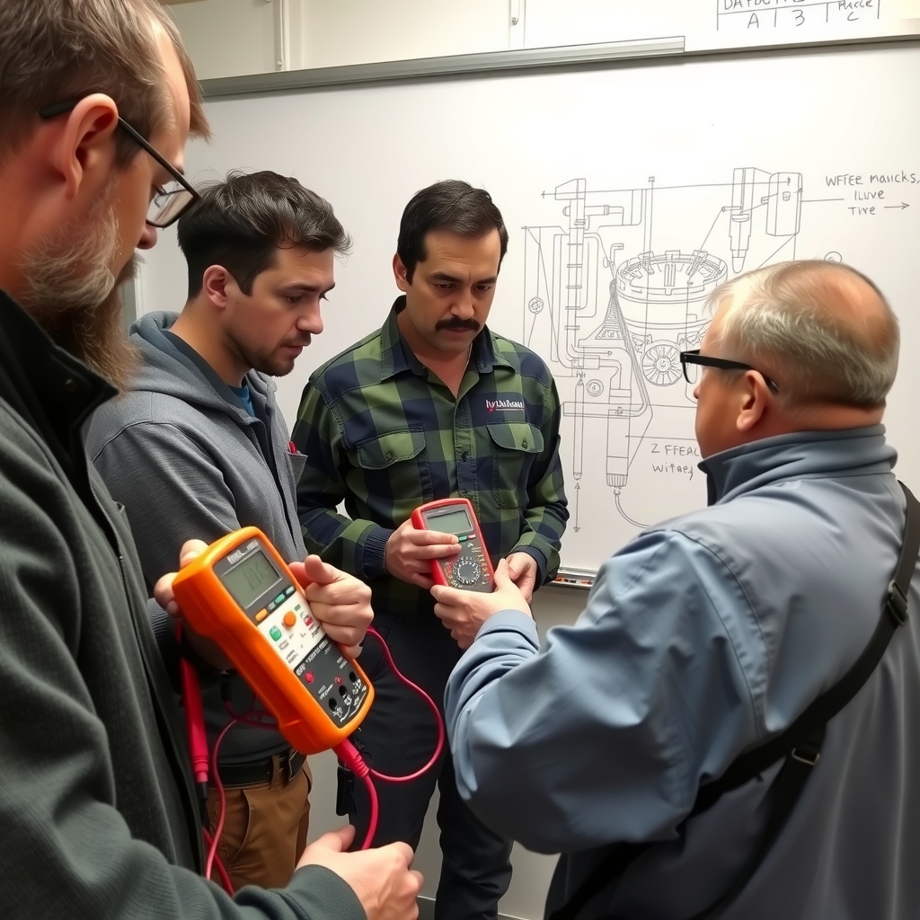 interested technicians with multimeter in circle ask questions as pencil sketch by मुफ्त एआई छवि जनरेटर - बिना लॉगिन के✨ | AIGAZOU