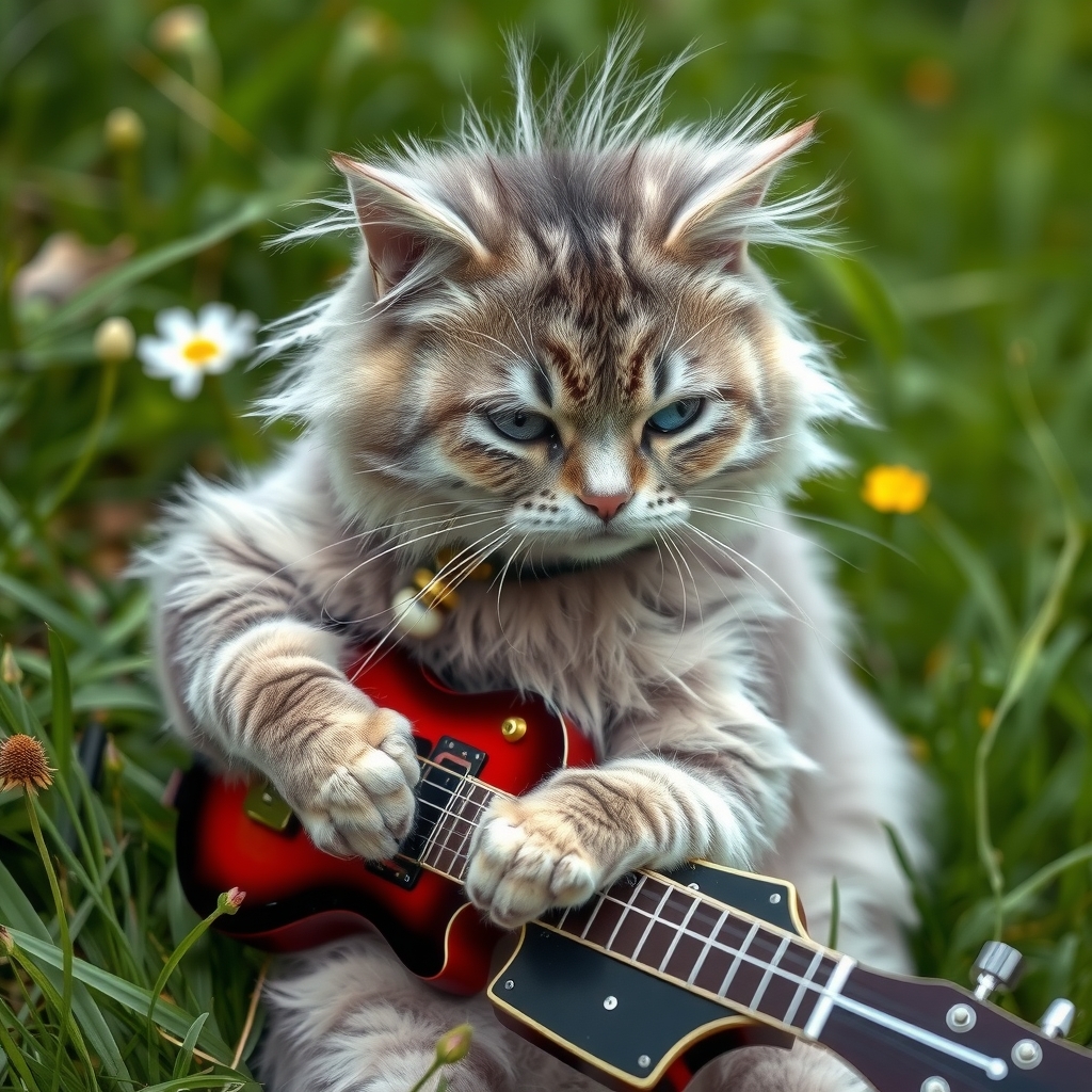 a grey punk cat with a punk haircut plays an instrument on a meadow by मुफ्त एआई छवि जनरेटर - बिना लॉगिन के✨ | AIGAZOU