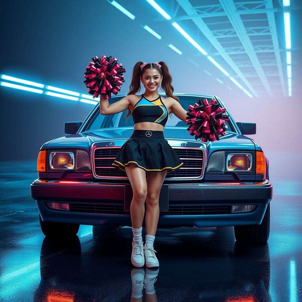 cyber futuristic mercedes w124 230e with cyan blue lighting in space cheerleader girl by मुफ्त एआई छवि जनरेटर - बिना लॉगिन के✨ | AIGAZOU