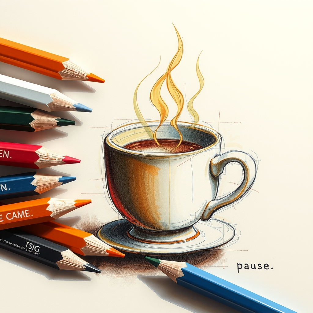 break guidance for a team with steam coffee cup surreal colored pencil sketch by मुफ्त एआई छवि जनरेटर - बिना लॉगिन के✨ | AIGAZOU