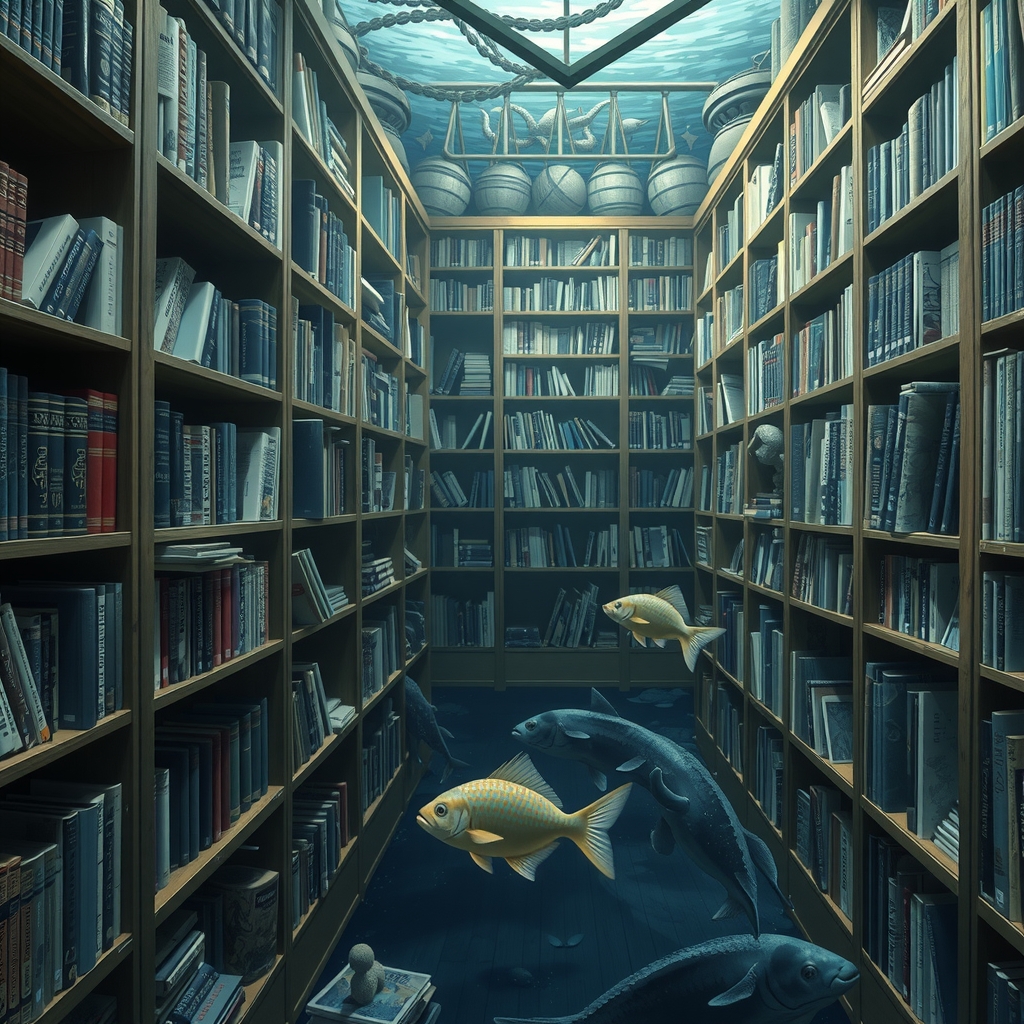 ocean bottom surrounded by bookshelves wooden floor no fish by मुफ्त एआई छवि जनरेटर - बिना लॉगिन के✨ | AIGAZOU