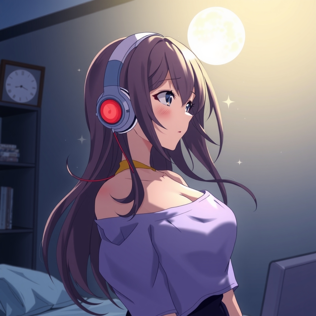 midnight room girl with large chest wearing headphones side profile by मुफ्त एआई छवि जनरेटर - बिना लॉगिन के✨ | AIGAZOU