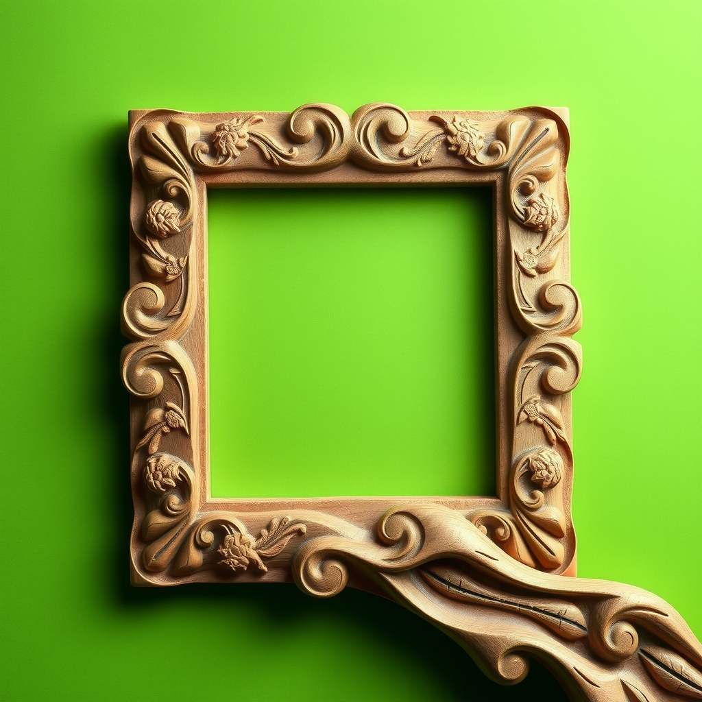 green background and frame on the edge of the slide from wood carving by मुफ्त एआई छवि जनरेटर - बिना लॉगिन के✨ | AIGAZOU