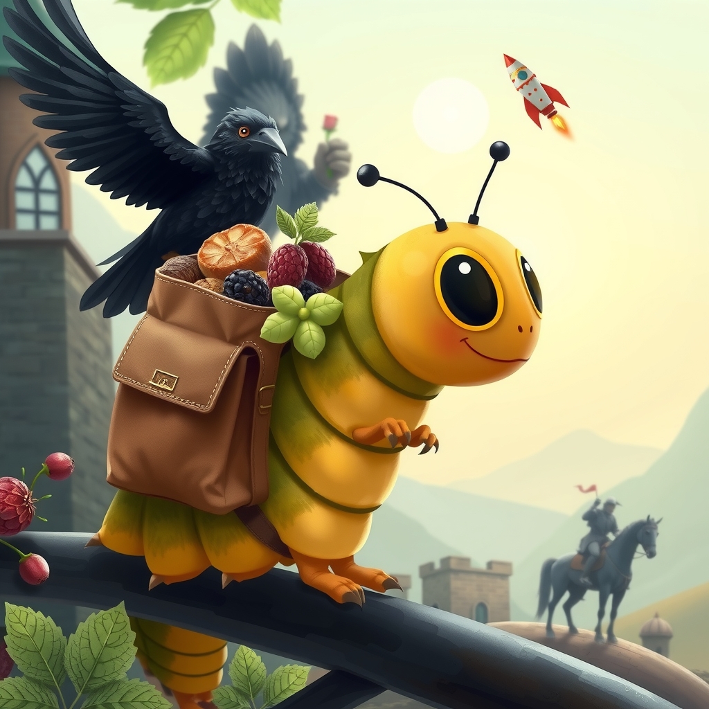 caterpillar with backpack raisins dried grapes raven flying rocket knight horse rose by Générateur d'images par IA gratuit - Aucune connexion nécessaire✨ | AIGAZOU