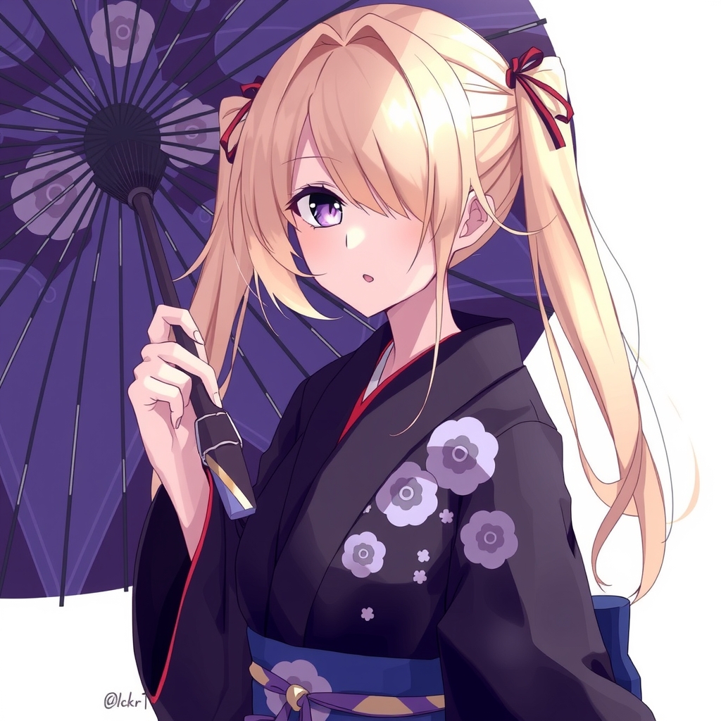 black kimono purple eyes one eye hidden long side bangs blonde twintails holding umbrella by मुफ्त एआई छवि जनरेटर - बिना लॉगिन के✨ | AIGAZOU